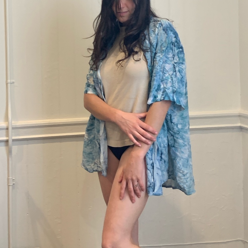 Soda Ash Hand-dyed Vintage Silk Button Down Blouse in Aqua Waters